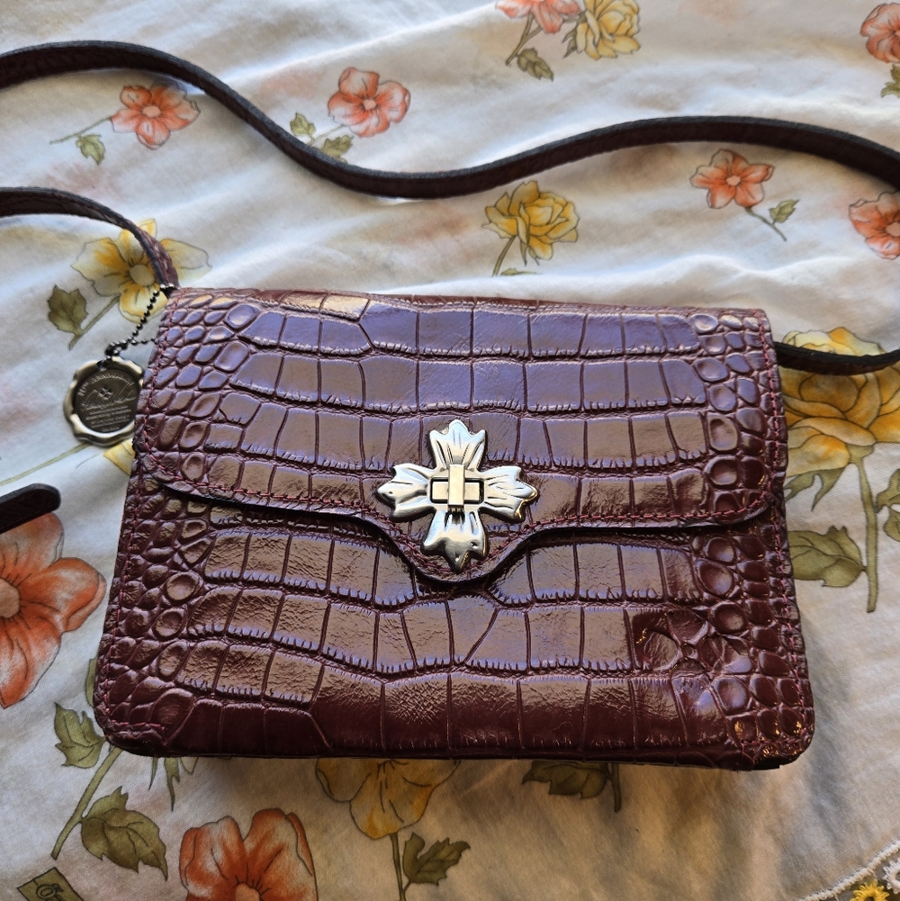 Patricia Nash Leather Crocodile Embossed Oxblood Burgundy Crossbody Bag